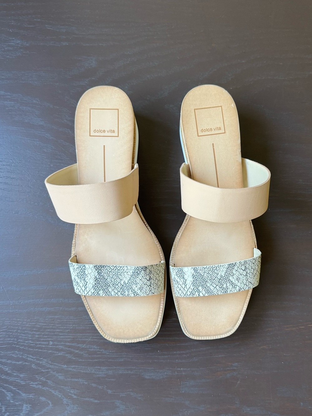Dolce Vita Two-Strap Slide Sandals with Snake-Print/Nude strap, size 9.5
